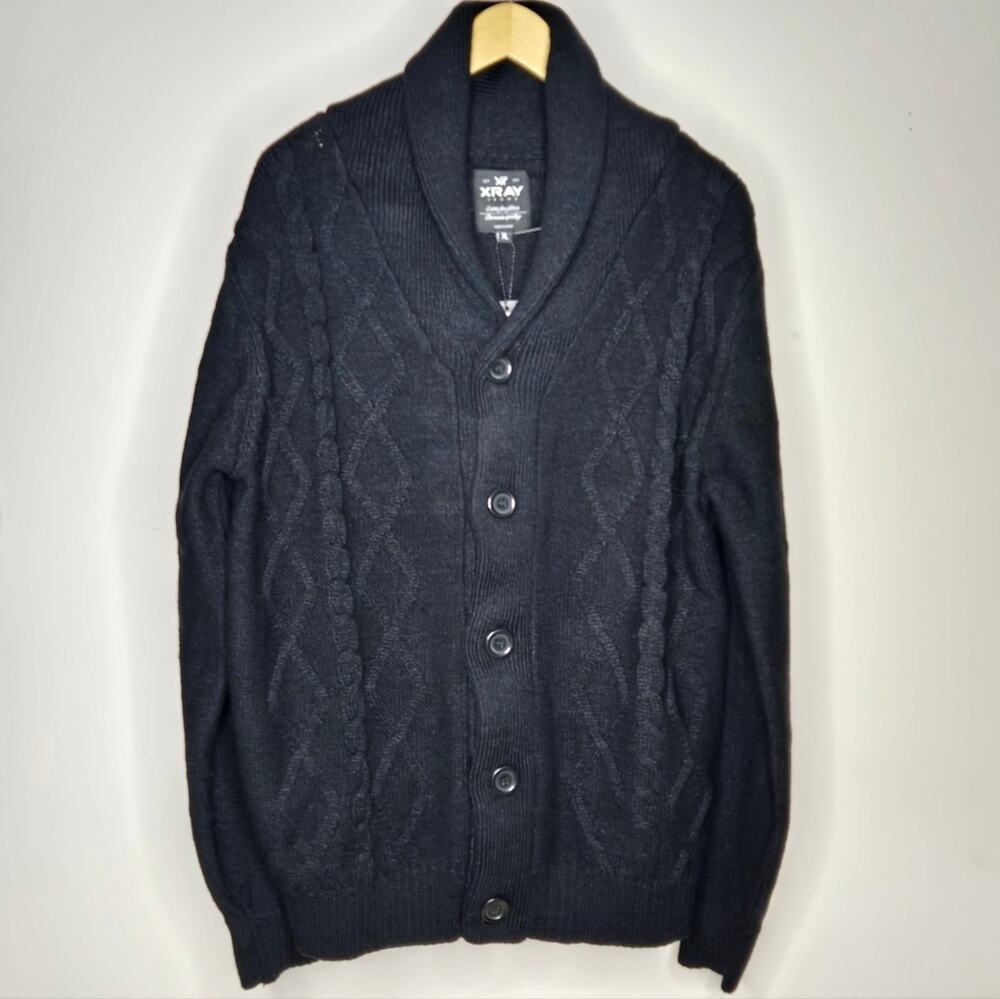 XRAY Men's Black Cable Knit Shawl Collar Button Front Sweater NWT Size XL